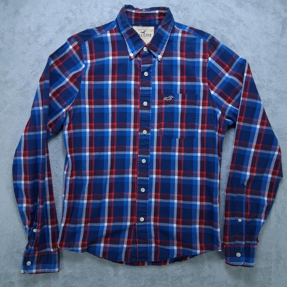 Hollister Mens Long Sleeve Plaid Button Up Shirt Large Blue Red Cotton